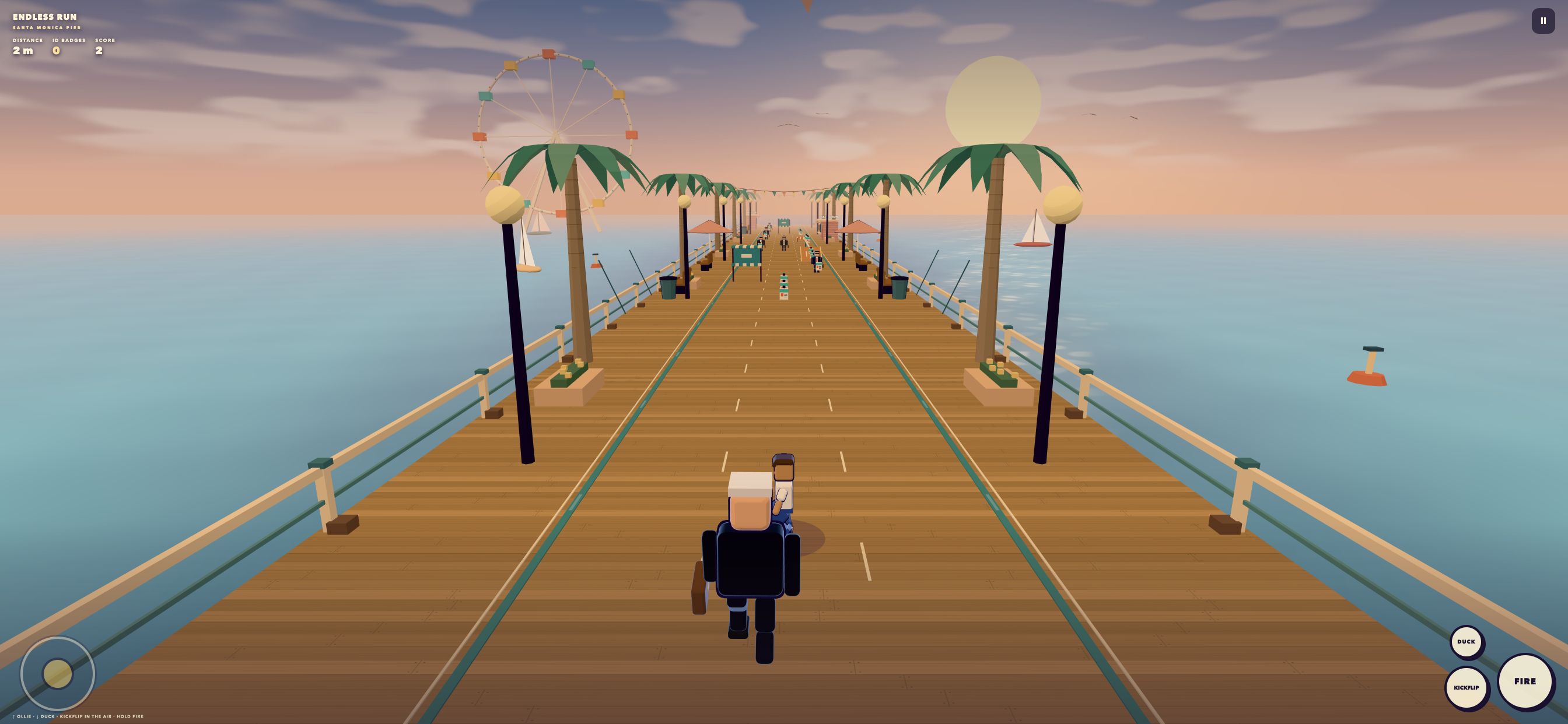 Endless Run on the Santa Monica Pier, with three lanes, ocean scenery and the Director chasing the skater